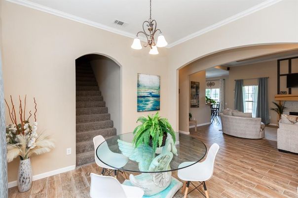 Dining room, Interior, Living room, Pendant Lights, Wood Texture Flooring