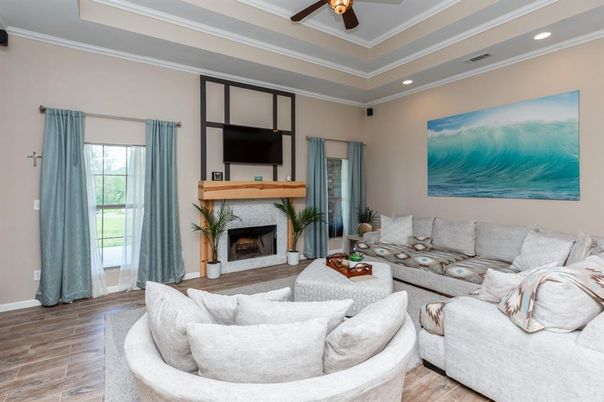 Fireplace, Interior, Living room, Recessed Lighting, Wood Texture Flooring