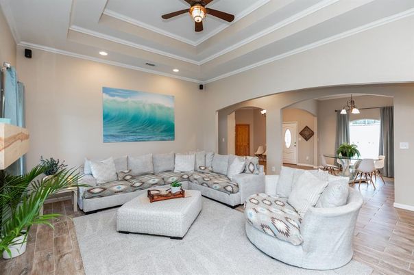 Dining room, Interior, Living room, Recessed Lighting, Wood Texture Flooring