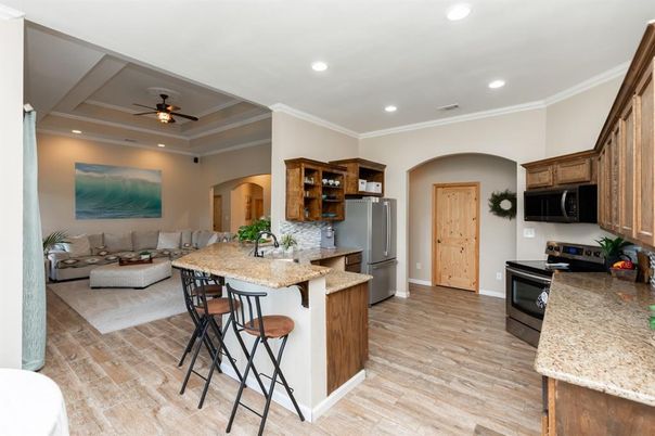 Interior, Kitchen, Living room, Recessed Lighting, Wood Texture Flooring
