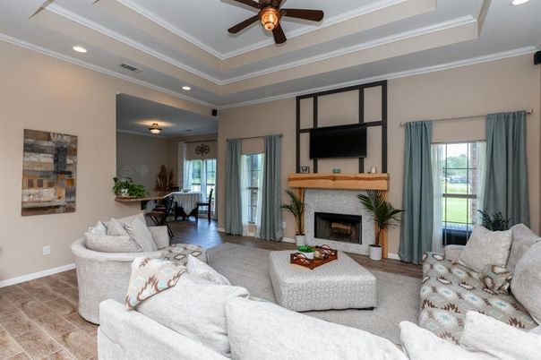 Dining room, Fireplace, Interior, Living room, Recessed Lighting