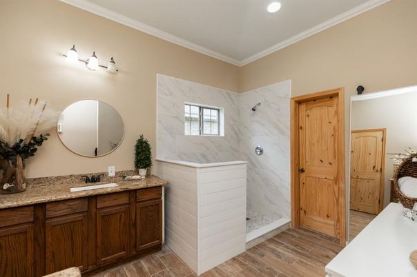 Bathroom, Interior, Marble Walls, Recessed Lighting, Wood Texture Flooring