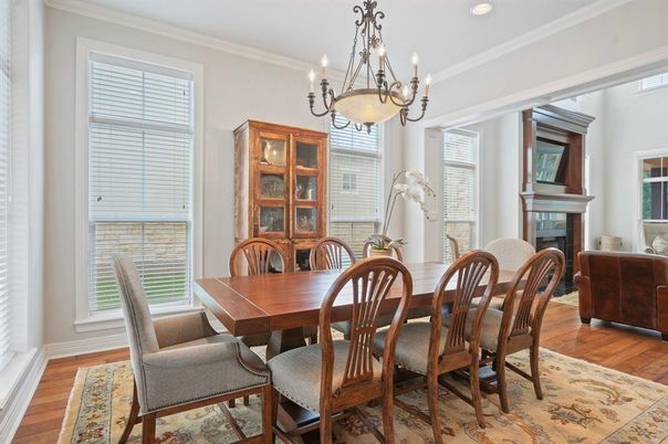 Chandelier, Dining room, Fireplace, Interior, Wood Texture Flooring