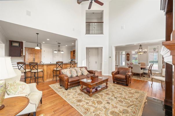 Chandelier, Dining room, Interior, Kitchen, Living room, Pendant Lights, Recessed Lighting, Wood Texture Flooring