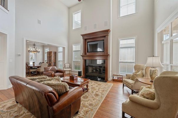 Chandelier, Dining room, Fireplace, Interior, Living room, Wood Texture Flooring