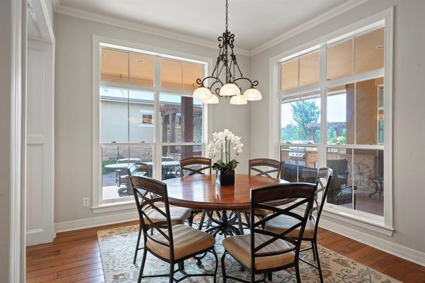 Chandelier, Dining room, Interior, Pendant Lights, Wood Texture Flooring