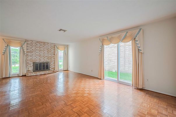 Empty room, Fireplace, Interior, Stone Walls, Wood Texture Flooring