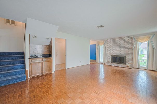 Empty room, Fireplace, Interior, Stone Walls, Wood Texture Flooring