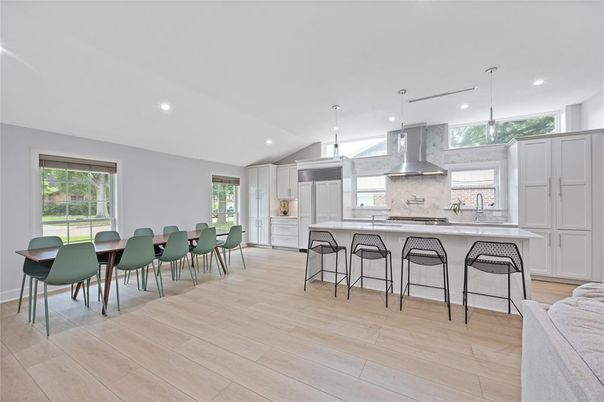 Dining room, Interior, Kitchen, Pendant Lights, Recessed Lighting, Wood Texture Flooring