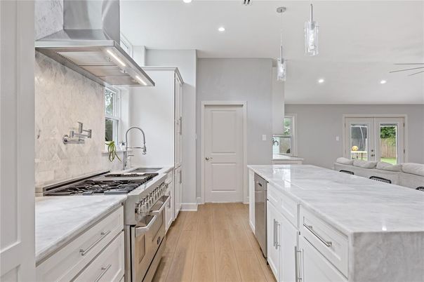 Interior, Kitchen, Pendant Lights, Recessed Lighting, Stainless Steel Appliances, Wood Texture Flooring