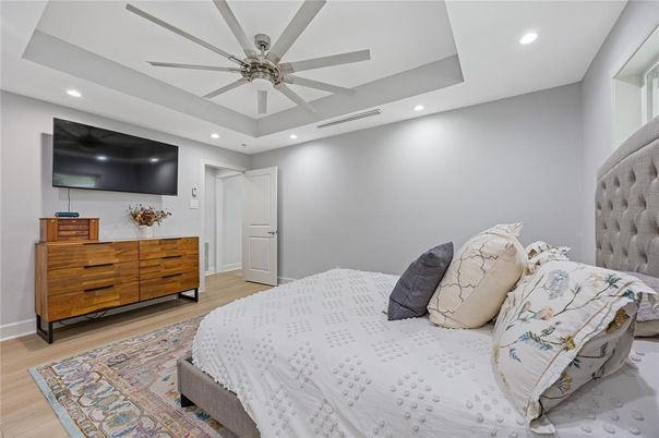 Bedroom, Interior, Recessed Lighting, Wood Texture Flooring