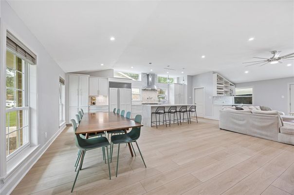 Dining room, Interior, Kitchen, Living room, Recessed Lighting, Wood Texture Flooring