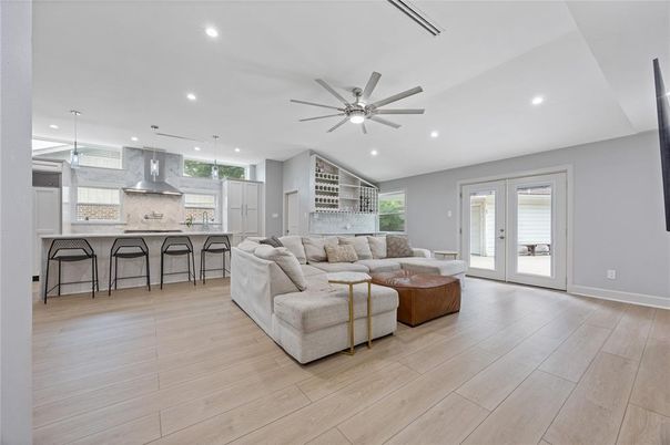 Interior, Kitchen, Living room, Pendant Lights, Recessed Lighting, Wood Texture Flooring