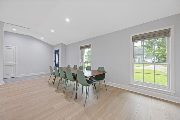 Dining room, Interior, Recessed Lighting, Wood Texture Flooring