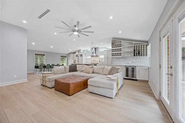 Interior, Kitchen, Living room, Recessed Lighting, Stainless Steel Appliances, Wood Texture Flooring
