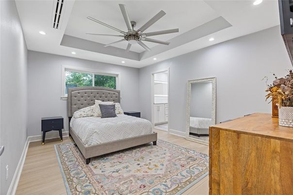 Bedroom, Interior, Recessed Lighting, Wood Texture Flooring