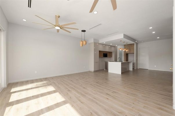 Empty room, Interior, Kitchen, Pendant Lights, Recessed Lighting, Wood Texture Flooring