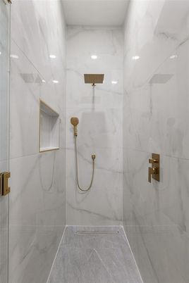 Bathroom, Glass Shower, Interior, Marble Walls, Recessed Lighting