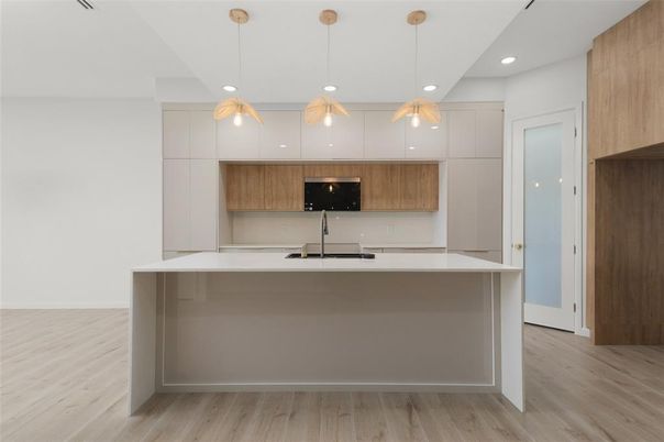 Interior, Kitchen, Pendant Lights, Recessed Lighting, Wood Texture Flooring