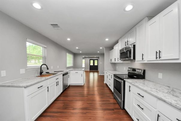 Interior, Kitchen, Recessed Lighting, Stainless Steel Appliances, Wood Texture Flooring
