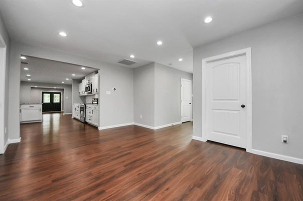 Empty room, Interior, Kitchen, Recessed Lighting, Wood Texture Flooring