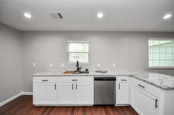 Interior, Kitchen, Recessed Lighting, Wood Texture Flooring