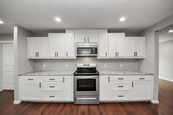 Interior, Kitchen, Recessed Lighting, Stainless Steel Appliances, Wood Texture Flooring