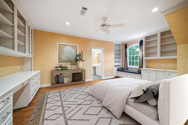 Bedroom, Interior, Recessed Lighting, Wood Texture Flooring