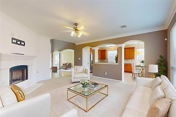 Dining room, Fireplace, Interior, Kitchen, Living room, Pendant Lights