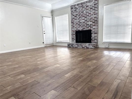Empty room, Fireplace, Interior, Stone Walls, Wood Texture Flooring