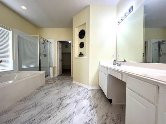 Bathroom, Dual Sink Vanities, Glass Shower, Interior, Marble, Recessed Lighting