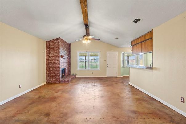 Empty room, Fireplace, Interior, Stone Walls, Wooden Beams