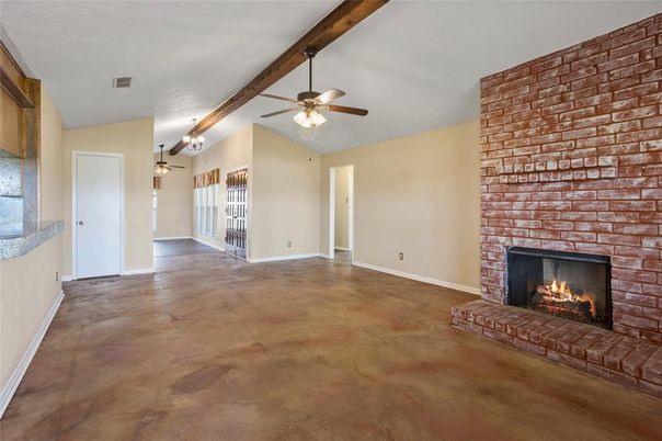 Empty room, Fireplace, Interior, Stone Walls, Wooden Beams