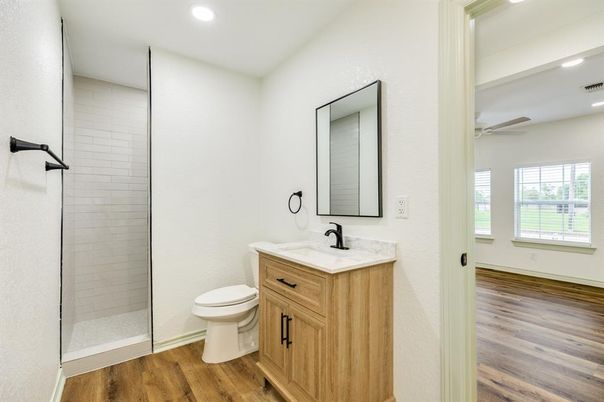 Bathroom, Glass Shower, Interior, Recessed Lighting, Wood Texture Flooring