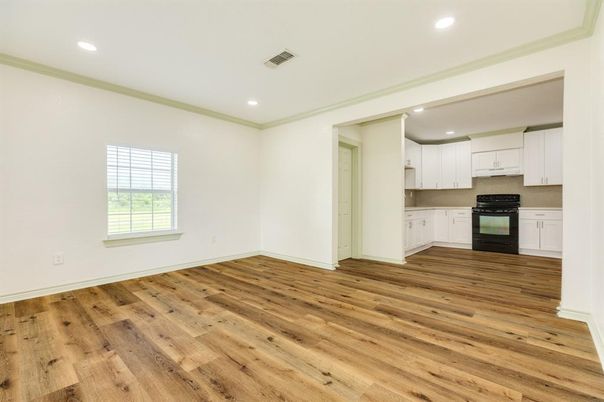 Empty room, Interior, Kitchen, Recessed Lighting, Wood Texture Flooring