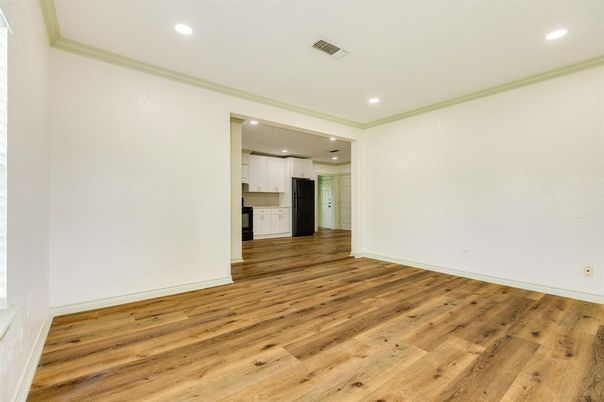 Empty room, Interior, Kitchen, Recessed Lighting, Wood Texture Flooring