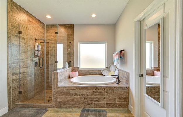 Bathroom, Glass Shower, Interior, Recessed Lighting, Wood Texture Flooring