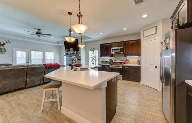 Interior, Kitchen, Living room, Pendant Lights, Recessed Lighting, Stainless Steel Appliances, Wood Texture Flooring