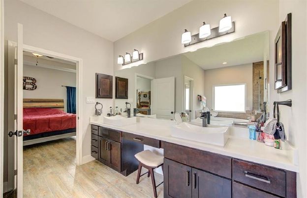Bathroom, Bedroom, Dual Sink Vanities, Interior, Recessed Lighting, Wood Texture Flooring
