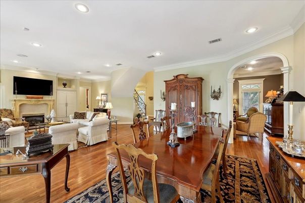 Dining room, Fireplace, Interior, Living room, Recessed Lighting, Wood Texture Flooring