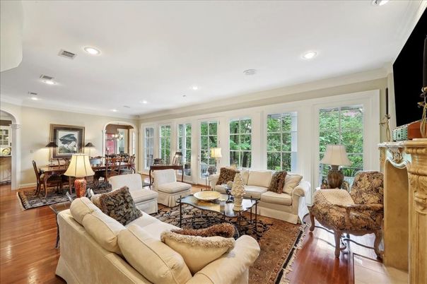 Dining room, Fireplace, Interior, Living room, Recessed Lighting, Wood Texture Flooring