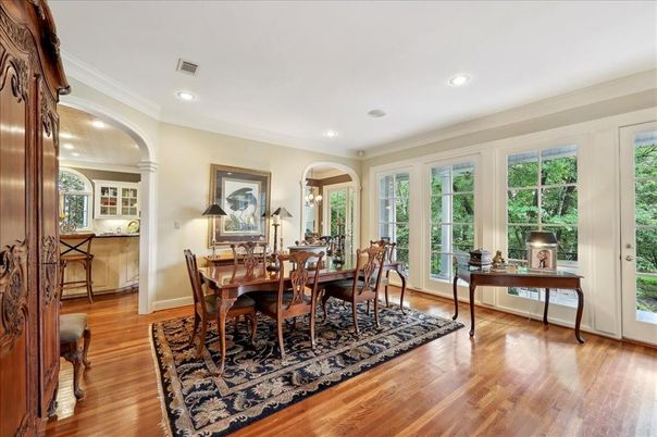 Dining room, Interior, Recessed Lighting, Wood Texture Flooring