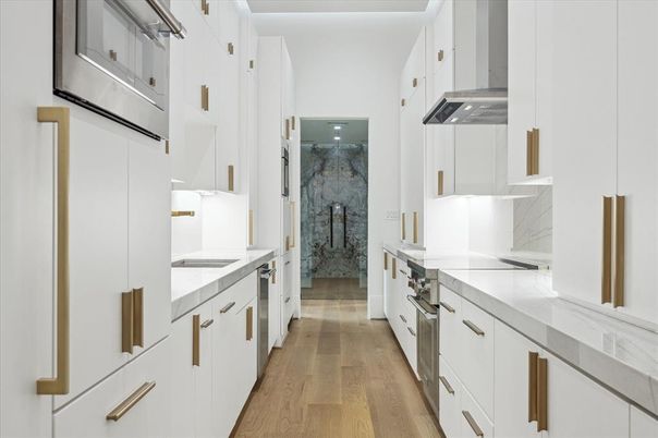 Interior, Kitchen, Marble Walls, Wood Texture Flooring