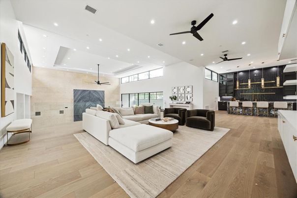 Dining room, Interior, Living room, Pendant Lights, Recessed Lighting, Stone Walls, Wood Texture Flooring