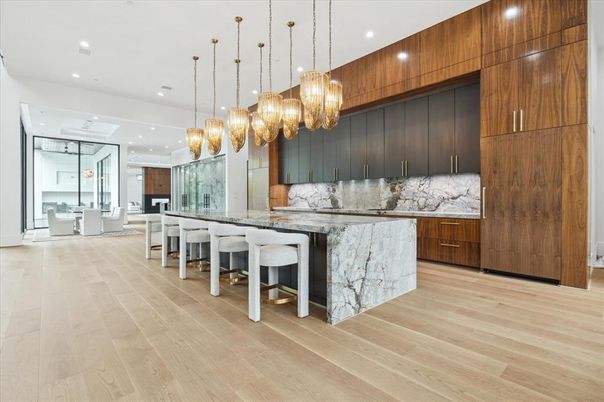 Interior, Kitchen, Marble Walls, Pendant Lights, Recessed Lighting, Wood Texture Flooring