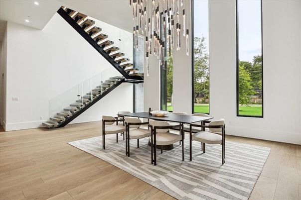 Dining room, Interior, Pendant Lights, Recessed Lighting, Wood Texture Flooring