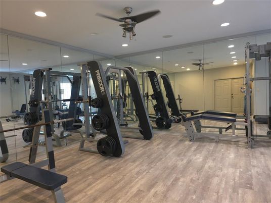 Fitness Equipment, Gym, Interior, Recessed Lighting, Wood Texture Flooring