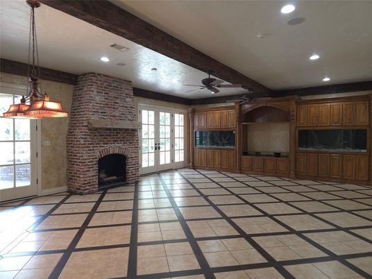 Fireplace, Interior, Pendant Lights, Recessed Lighting, Stone Walls