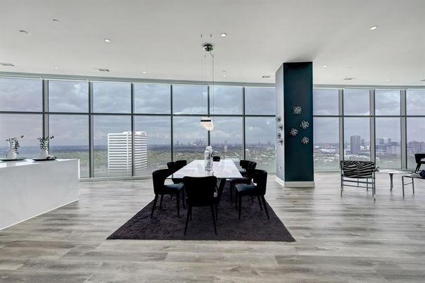 Dining room, Interior, Pendant Lights, Recessed Lighting, Water, Wood Texture Flooring