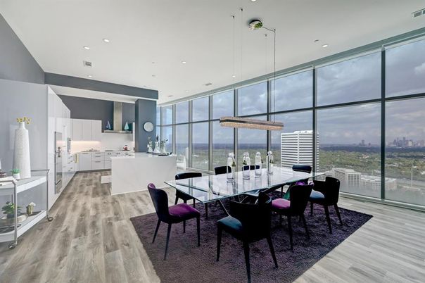 Dining room, Interior, Kitchen, Pendant Lights, Recessed Lighting, Wood Texture Flooring